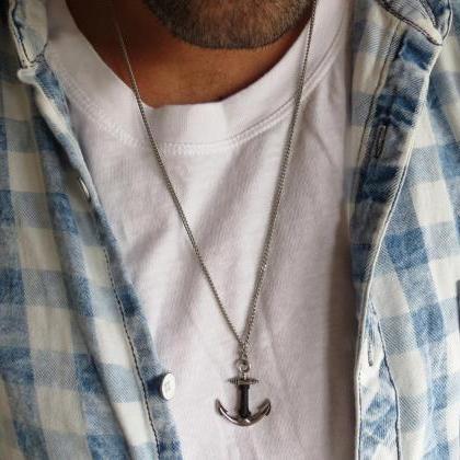 Men Necklace - Men Silver Necklace - Men Anchor..