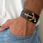 Men's Bracelet - Black Leather Bracelet With Gold Plated Anchor - Mens Jewelry - Nautical Jewelry - Anchor Jewelry - Gift for Him