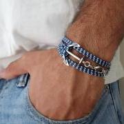 Men's Bracelet - Blue And White Fabric Bracelet With Silver Plated Anchor - Men's Jewelry - Nautical Jewelry - Anchor Jewelry