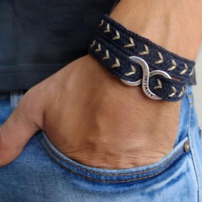 Men's Bracelet - Blue Fabric Bracelet With Silver Plated Infinity Pendant - Men's Jewelry - Infinity Jewelry - Love Jewelry