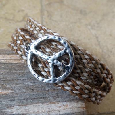 Men's Bracelet - Brown Fabric Bracelet With Silver Plated Peace Sign - Men's Jewelry - Peace Jewelry - Symbol Jewelry