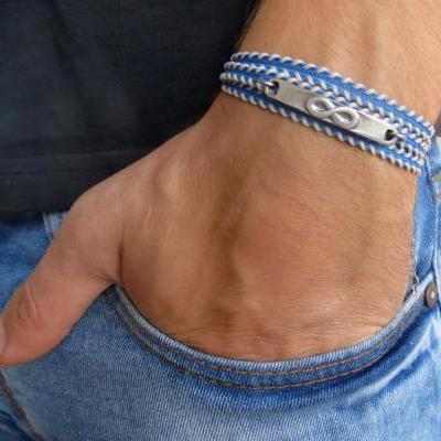 Men's Bracelet - Blue And White Fabric Bracelet With Silver Plated Infinity Pendant - Men's Jewelry - Men's Infinity Jewelry