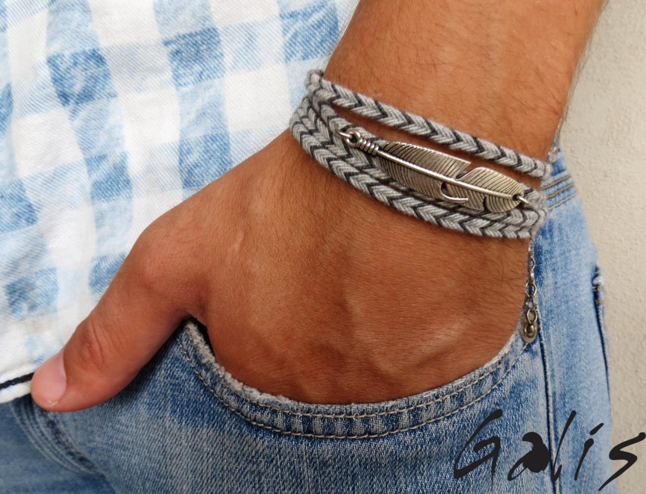 Men's Bracelet - Men's Feather Bracelet - Men's Vegan Bracelet - Men's Jewelry - Men's Gift -