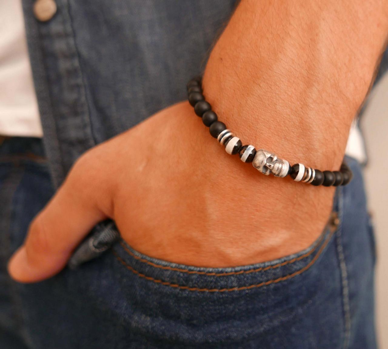 Men's Bracelet - Men's Skull Bracelet - Men's Beaded Bracelet - Men's Gemstone Bracelet - Mens Jewelry -