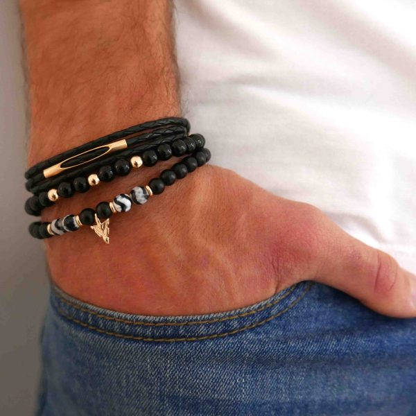 Men's Bracelet Set - Set Of 3 Bracelets For Men - Men's Beaded Bracelet - Men's Leather Bracelet - Men's