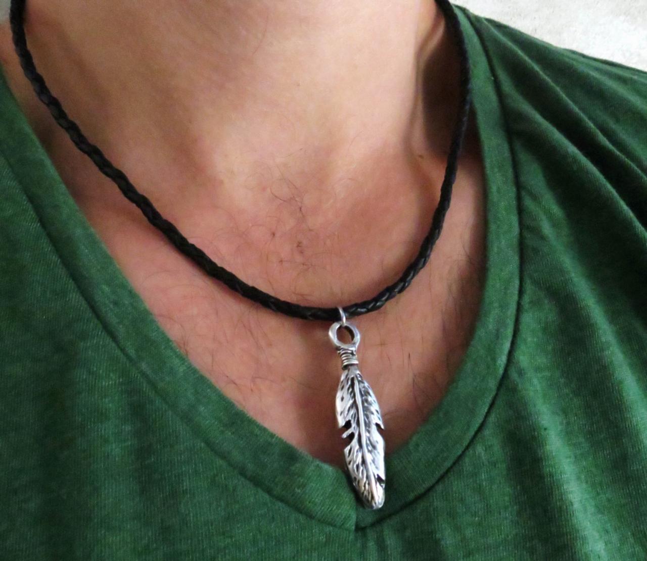 Men's Necklace - Men's Feather Necklace - Men's Leather Necklace - Men's Jewelry - Men's Gift -