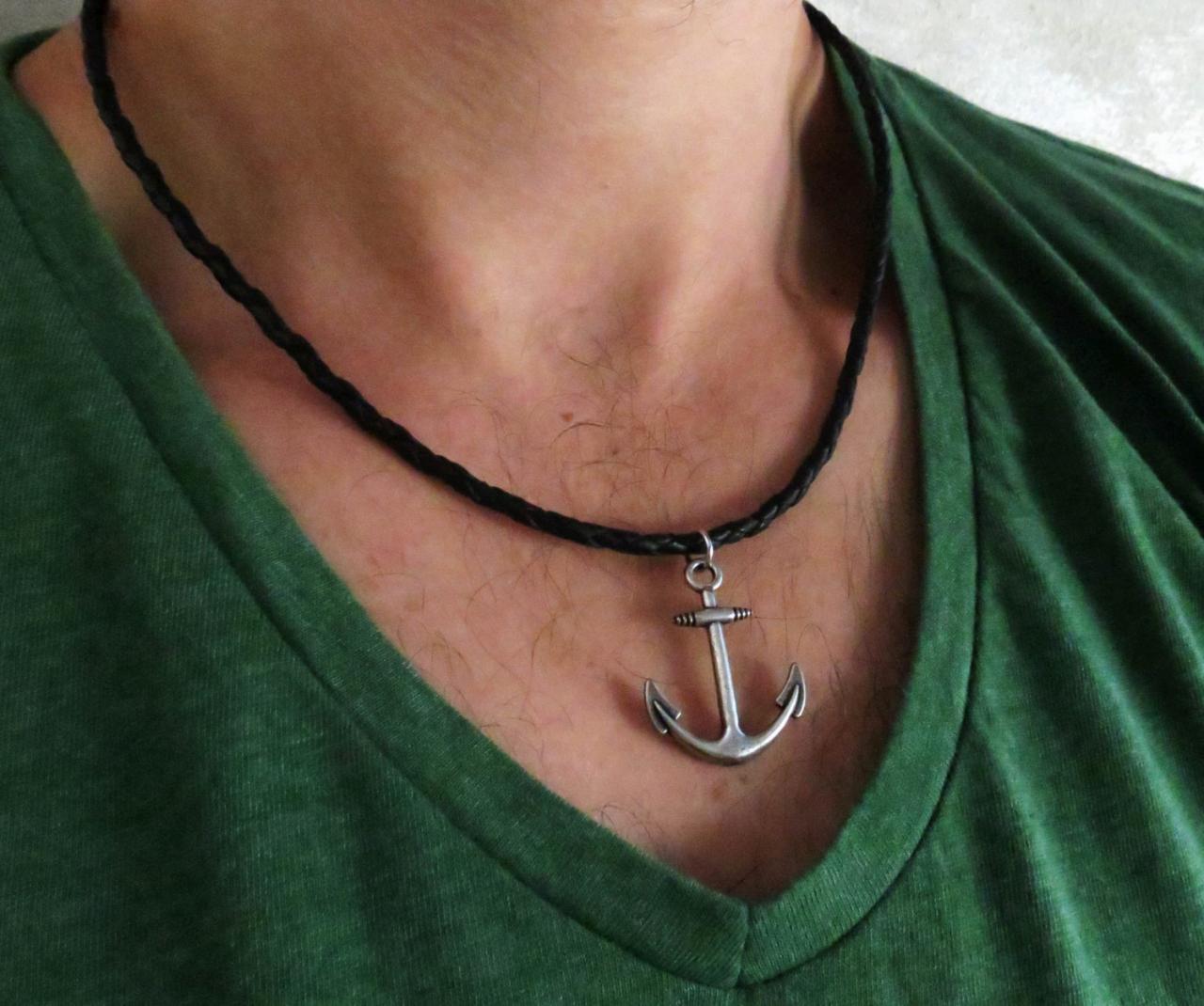 Men's Necklace - Men's Anchor Necklace - Men's Leather Necklace - Men's Jewelry - Men's Gift -