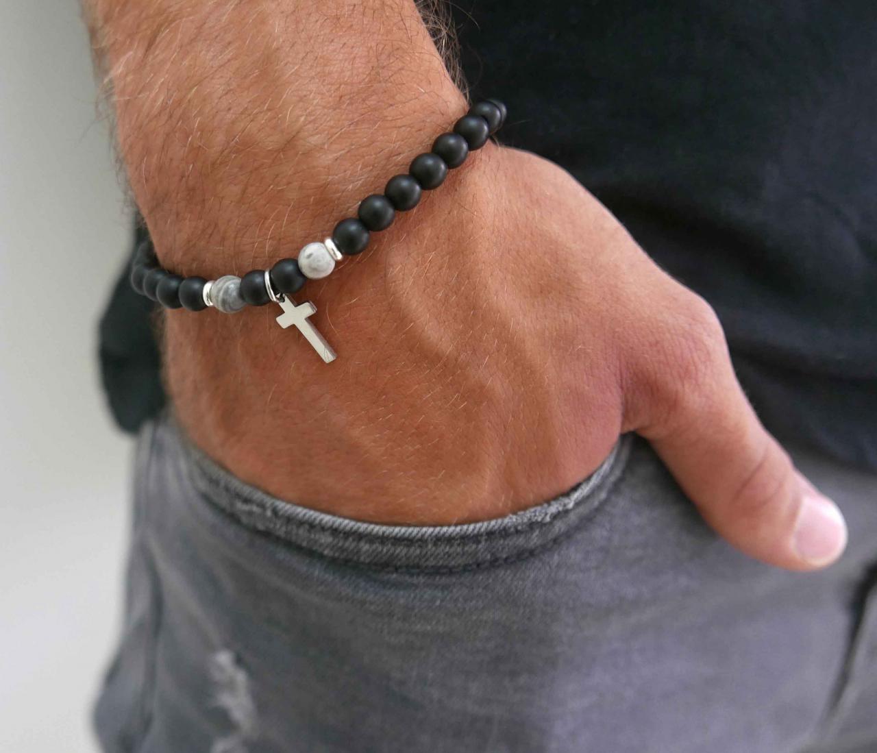Men's Cross Bracelet - Men's Religious Bracelet - Men's Christian Bracelet - Men's Beaded Bracelet -