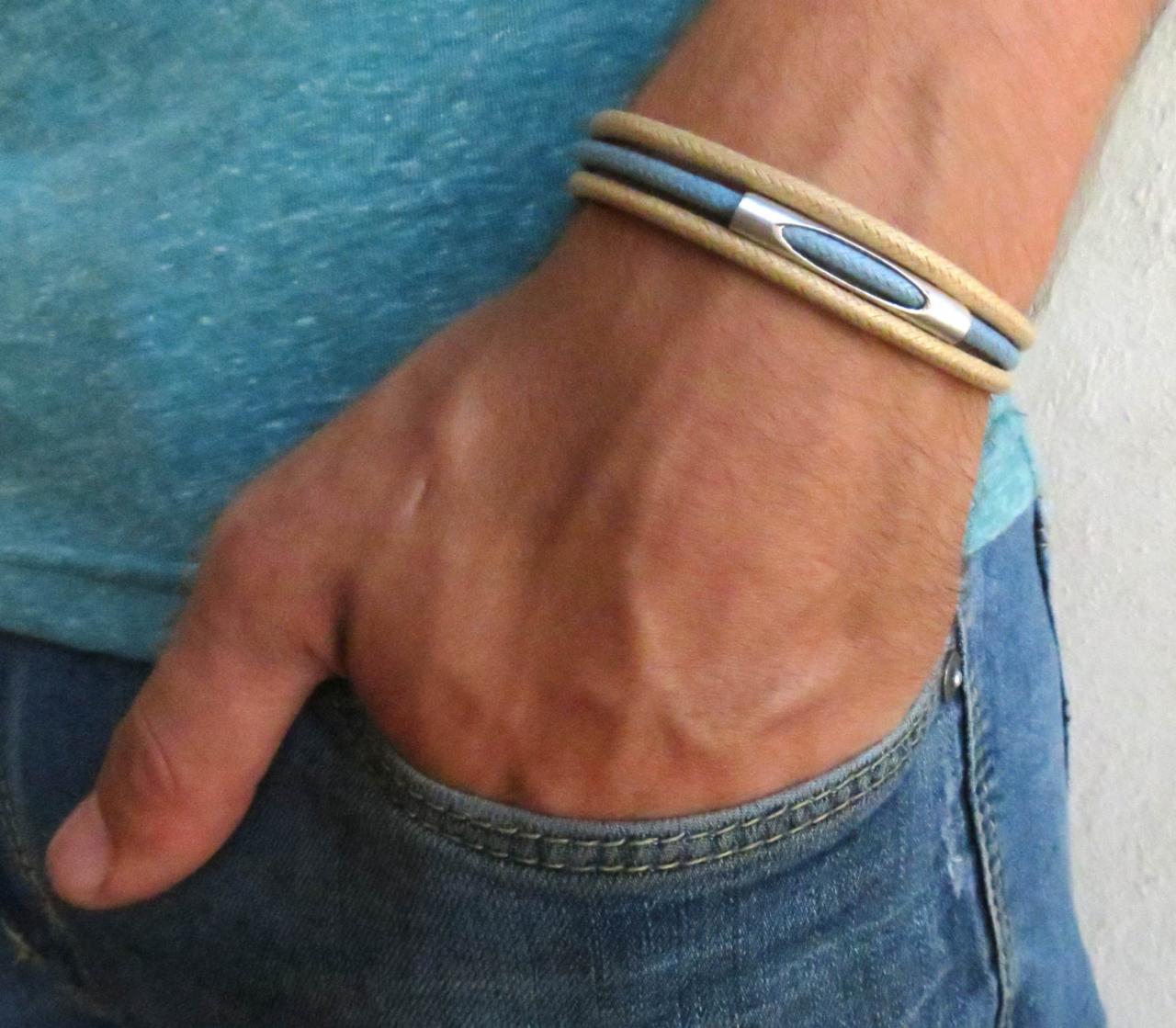 Men's Bracelet - Men's Tube Bracelet - Men's Beige And Blue Bracelet - Men's Jewelry - Bracelets For Men -