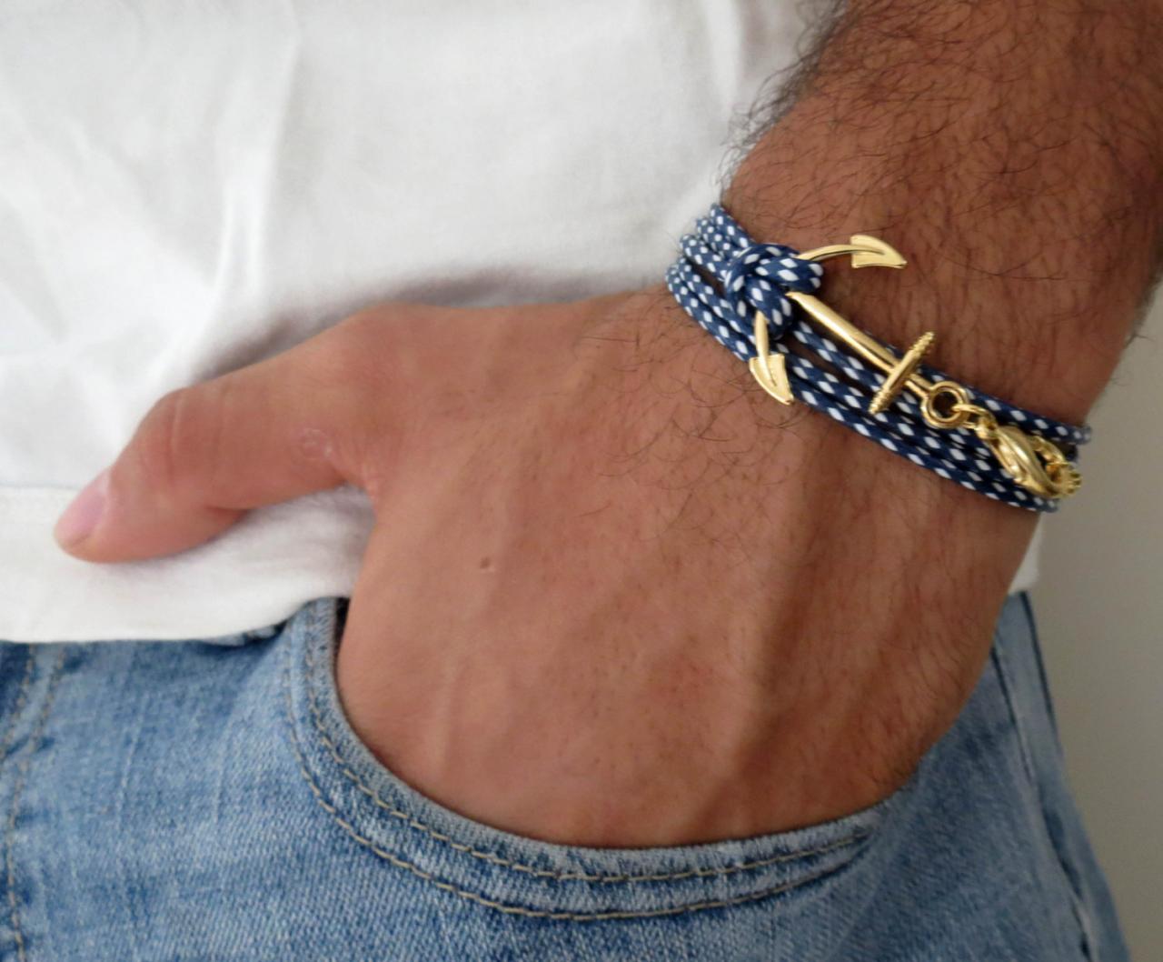 Men's Bracelet - Blue And White Fabric Bracelet With Gold Plated Anchor - Men's Jewelry - Nautical Jewelry - Anchor Jewelry