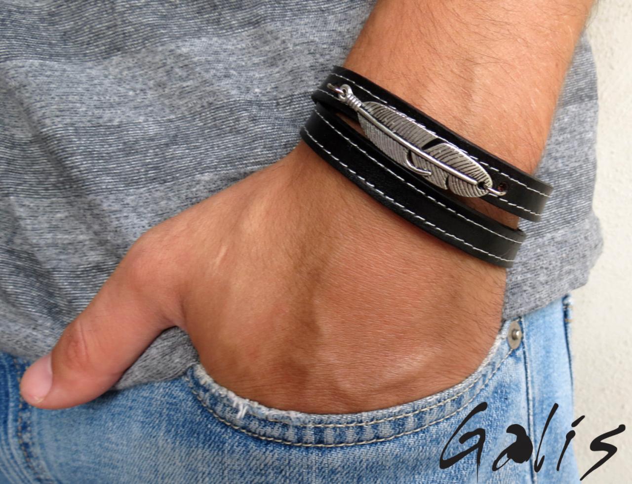 Men's Bracelet - Men's Feather Bracelet - Men's Leather Bracelet - Men's Jewelry - Men's Gift -