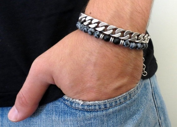Men's Bracelet Set - Set Of 2 Bracelets For Men - Men's Beaded Bracelet - Men's Silver Bracelet - Men's