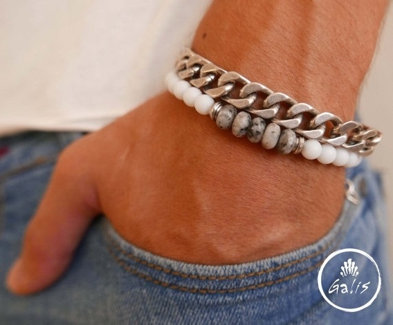 Men's Bracelet Set - Set Of 2 Bracelets For Men - Men's Beaded Bracelet - Men's Silver Bracelet - Men's